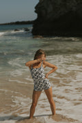 Aruba Bodysuit | White & Black Floral Open Back Swim Bodysuit with Shorts